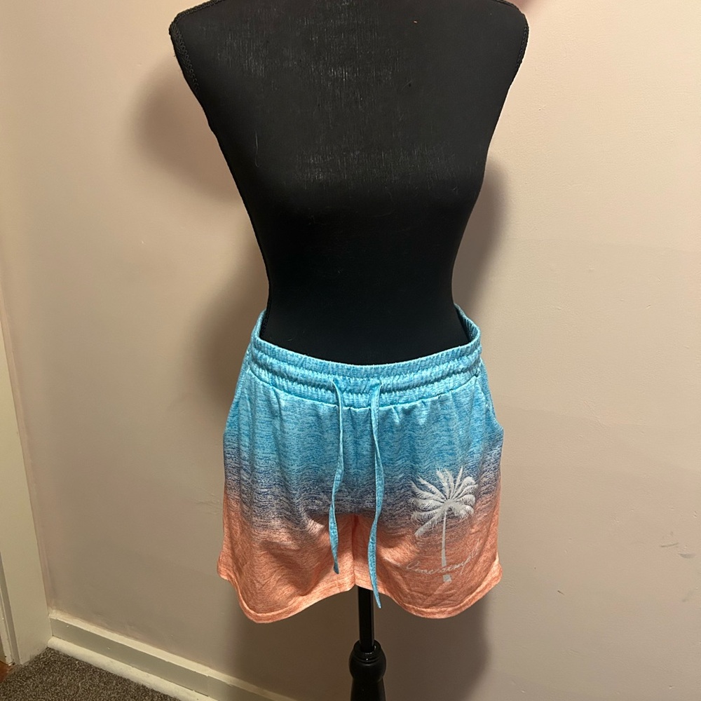 Teal, Blue, Orange Shorts with Palm Tree - Size Large